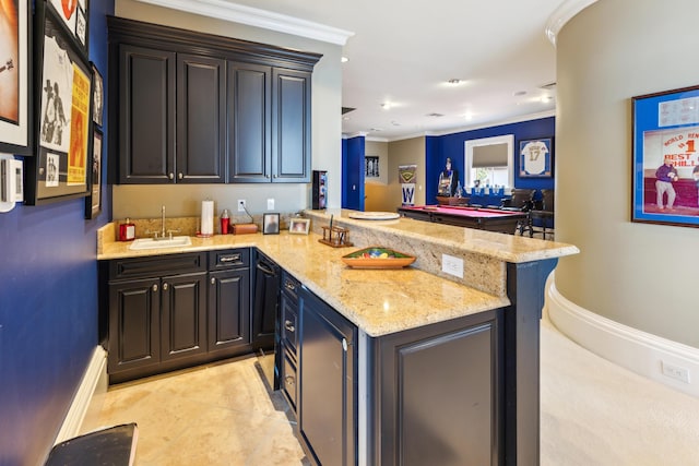 bar featuring recessed lighting, wet bar, ornamental molding, and a sink