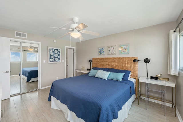 bedroom with visible vents, ceiling fan, light wood-style flooring, and baseboards