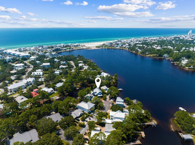 drone / aerial view with a water view