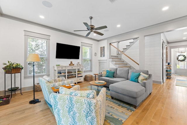 121 Shannon Dr, Santa Rosa Beach, FL 32459 - living area with ornamental molding, recessed lighting, light wood-style floors, and stairway