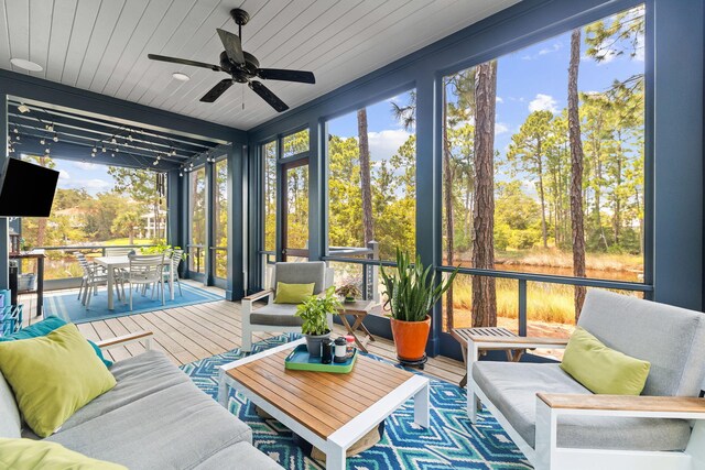 121 Shannon Dr, Santa Rosa Beach, FL 32459 - sunroom with ceiling fan and wood ceiling