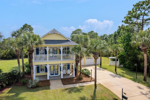 view of front of home with a balcony, a garage, and a front yard