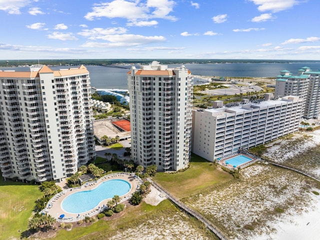 drone / aerial view with a water view