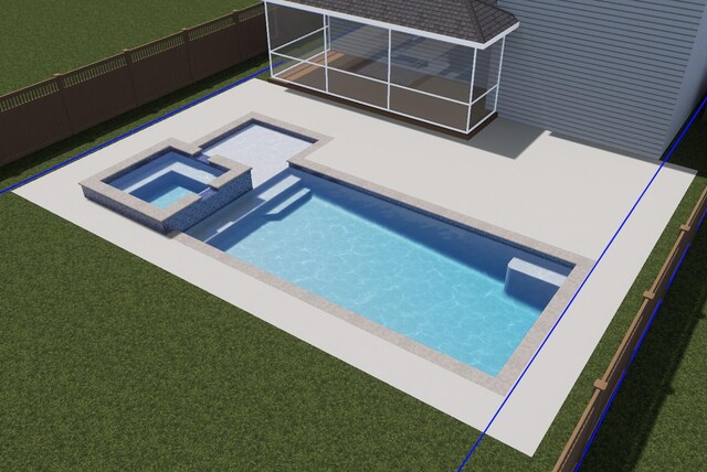 view of pool with an in ground hot tub, a sunroom, a lawn, and a patio