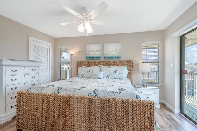 bedroom with access to exterior, ceiling fan, and light hardwood / wood-style flooring