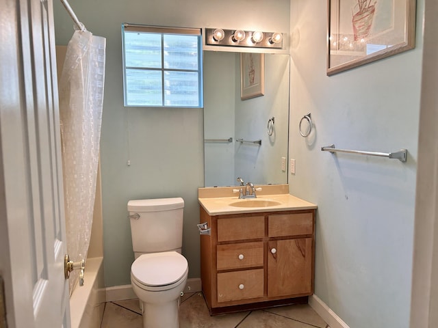 full bathroom with shower / bath combination with curtain, vanity, toilet, and tile patterned flooring