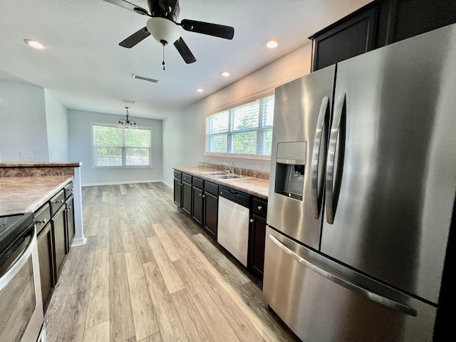 kitchen with pendant lighting, sink, ceiling fan, appliances with stainless steel finishes, and light wood-type flooring