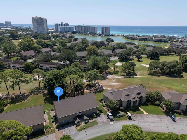 birds eye view of property featuring a water view