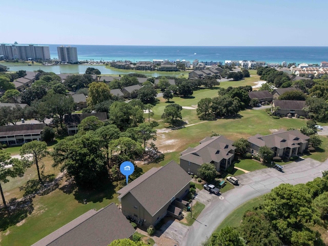 drone / aerial view with a water view