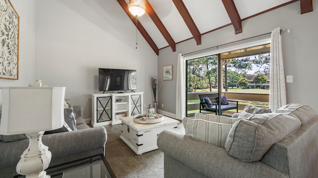 carpeted living room featuring ceiling fan, high vaulted ceiling, and beamed ceiling