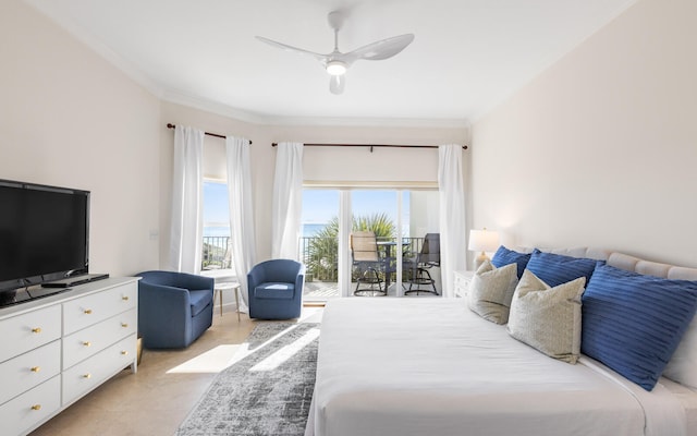 bedroom with ceiling fan, light tile patterned flooring, ornamental molding, and access to exterior