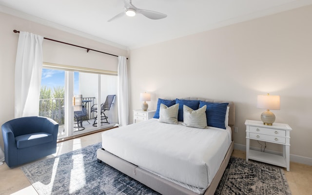 bedroom featuring ceiling fan, access to exterior, ornamental molding, and light tile patterned floors