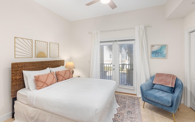 tiled bedroom with access to exterior and ceiling fan