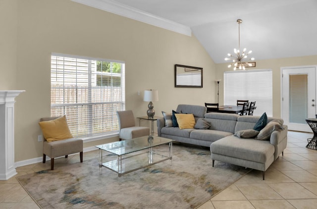 living room featuring crown molding, high vaulted ceiling, light tile patterned flooring, and a chandelier