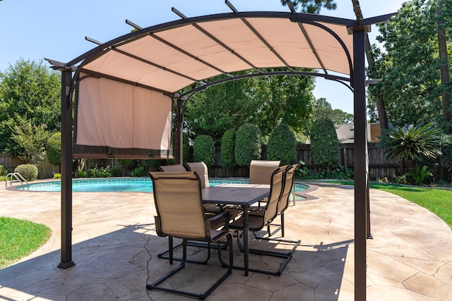 view of patio featuring a fenced in pool and a pergola