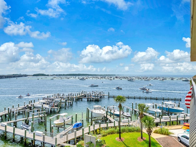 water view featuring a boat dock and boat lift