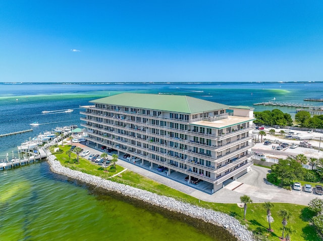 aerial view featuring a water view