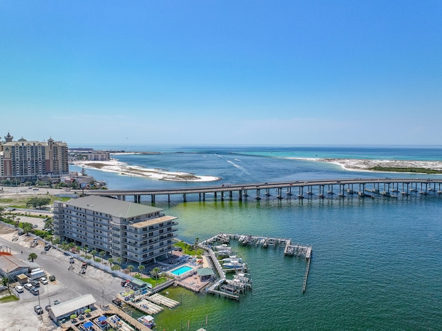 birds eye view of property featuring a water view