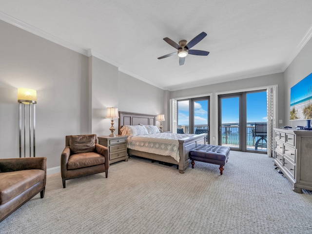 bedroom with baseboards, a ceiling fan, light colored carpet, ornamental molding, and access to exterior