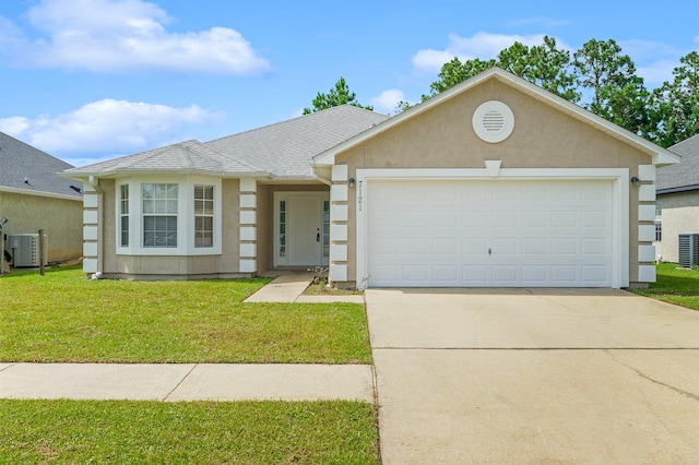 single story home with a garage, cooling unit, and a front yard