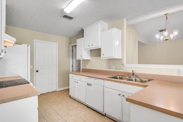 kitchen featuring sink, white appliances, decorative light fixtures, and white cabinets