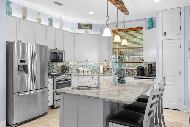 kitchen featuring appliances with stainless steel finishes, backsplash, sink, a kitchen island with sink, and white cabinets