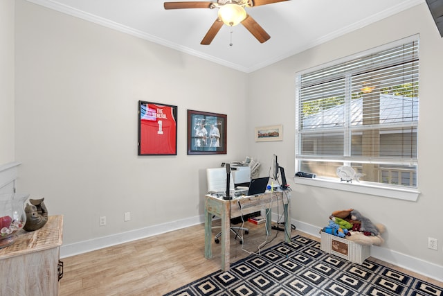 office area with ceiling fan, ornamental molding, and wood-type flooring