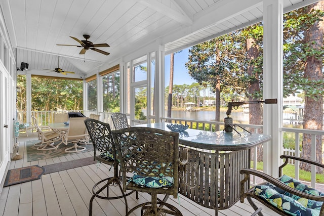 sunroom featuring a water view, wooden ceiling, and vaulted ceiling