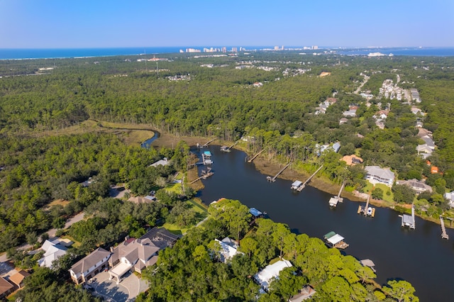 drone / aerial view with a water view and a forest view