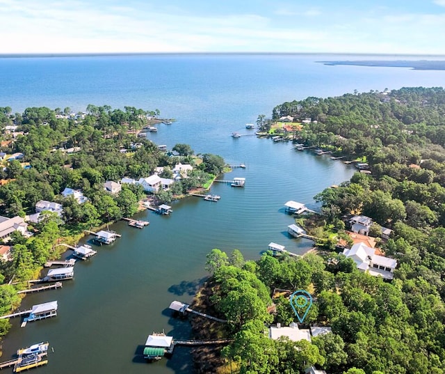 aerial view with a water view and a wooded view