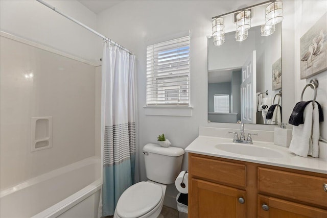 full bathroom with toilet, shower / tub combo with curtain, and vanity