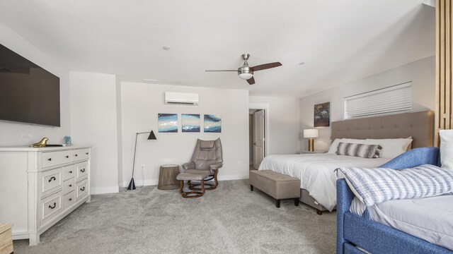 bedroom featuring ceiling fan, light colored carpet, and a wall unit AC