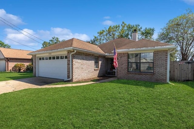 single story home featuring a front yard and a garage