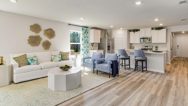 living room featuring light hardwood / wood-style floors and a textured ceiling