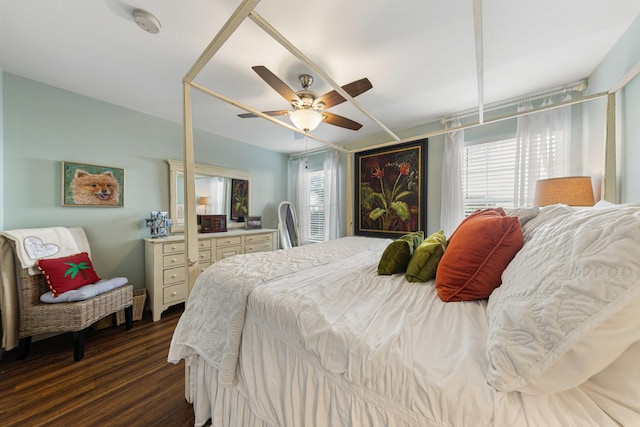 bedroom featuring ceiling fan, dark hardwood / wood-style flooring, and multiple windows