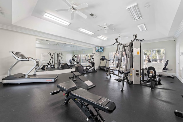 workout area with a raised ceiling, crown molding, and ceiling fan