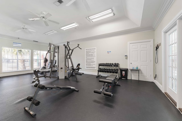 gym featuring ornamental molding and ceiling fan