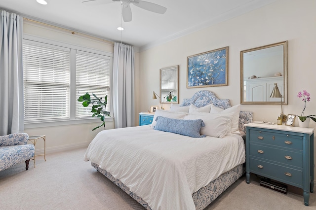 1247 Prospect Promenade, Panama City Beach, FL 32413 - bedroom featuring ceiling fan, light carpet, and ornamental molding