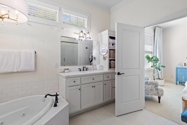 1247 Prospect Promenade, Panama City Beach, FL 32413 - bathroom with tile patterned flooring, vanity, ornamental molding, and plus walk in shower