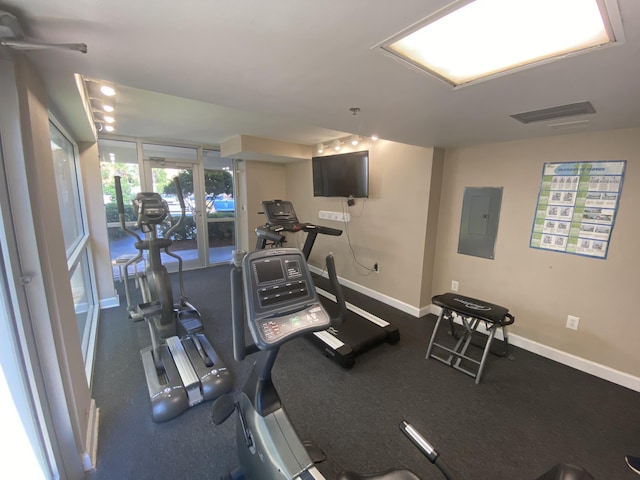 exercise room with a wall of windows and electric panel