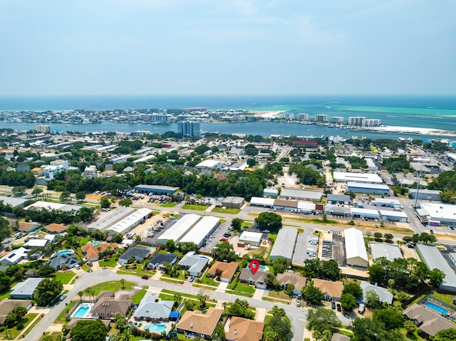 drone / aerial view with a water view