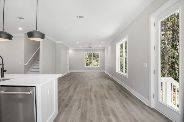 interior space featuring light wood finished floors, a sink, visible vents, and crown molding