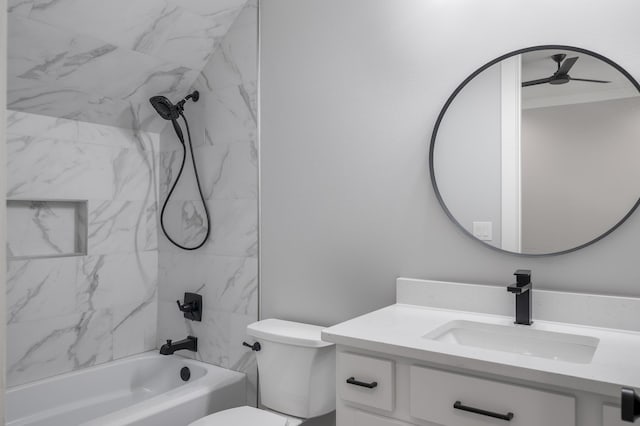 full bathroom featuring toilet, ceiling fan, shower / washtub combination, and vanity