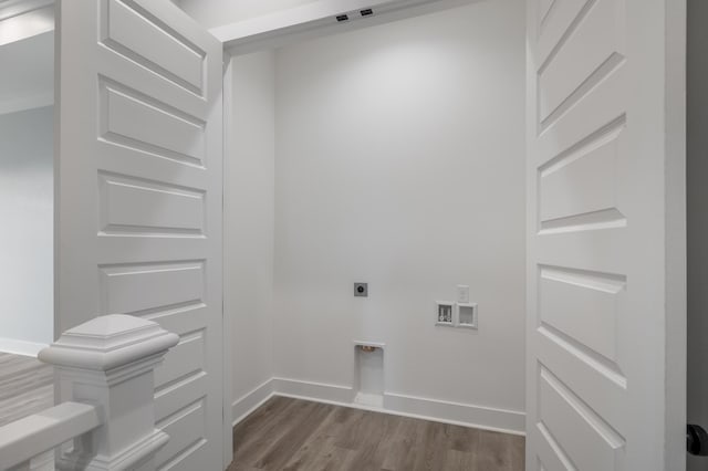 laundry room with laundry area, washer hookup, baseboards, dark wood-style floors, and electric dryer hookup