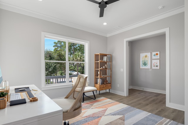 home office with baseboards, a ceiling fan, crown molding, light wood-type flooring, and recessed lighting