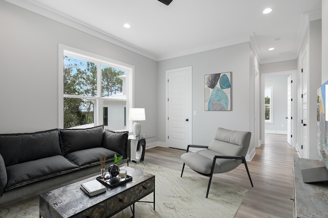 living area featuring light wood finished floors, ornamental molding, baseboards, and recessed lighting