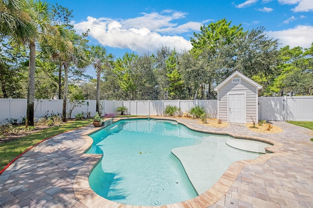 view of pool with a storage unit