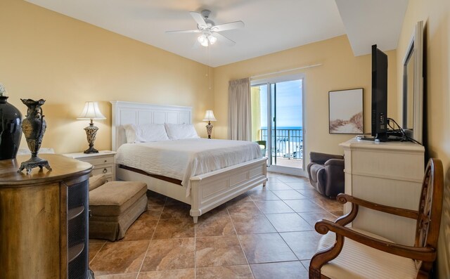 bedroom featuring ceiling fan, access to outside, and light tile patterned flooring