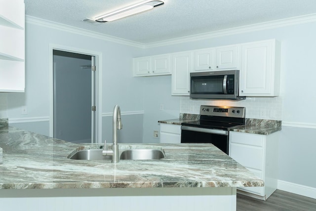 kitchen featuring crown molding, appliances with stainless steel finishes, white cabinets, and a sink