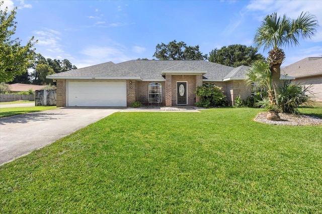 single story home featuring brick siding, concrete driveway, an attached garage, a front yard, and fence